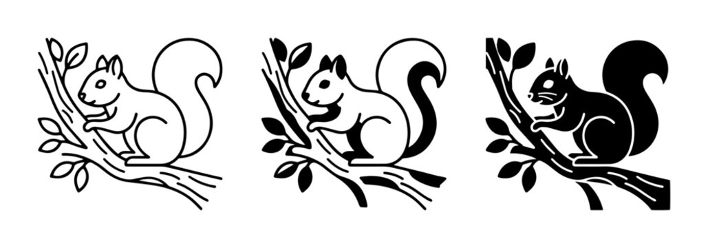 Squirrel Icons, Woodland Animal Graphics, Rodent Vector Art, Nature Elements, Black and White Silhouettes