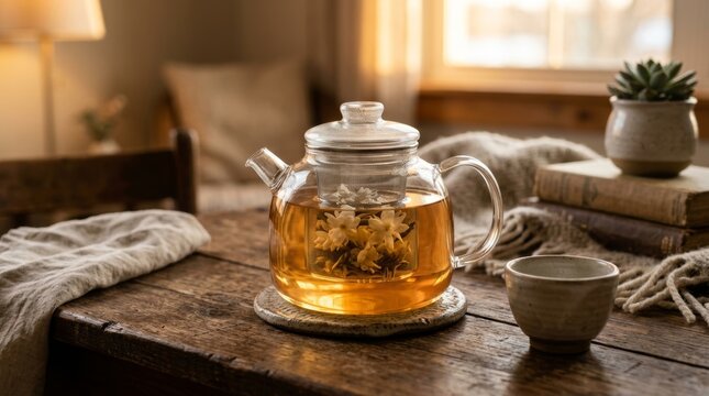 Glass teapot with chamomile tea on a rustic wooden table.
