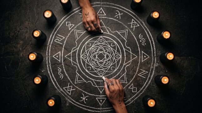 Top view of hands drawing spiritual runes with chalk in a circle surrounded by candles, for spellcasting layouts.