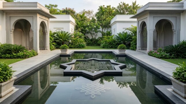 Luxury hotel courtyard with star shaped pond and classic architecture.