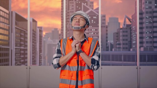 Asian Male Engineer With Safety Helmet Pray For Something While Standing at Office with Panoramic City Skyline at Sunset