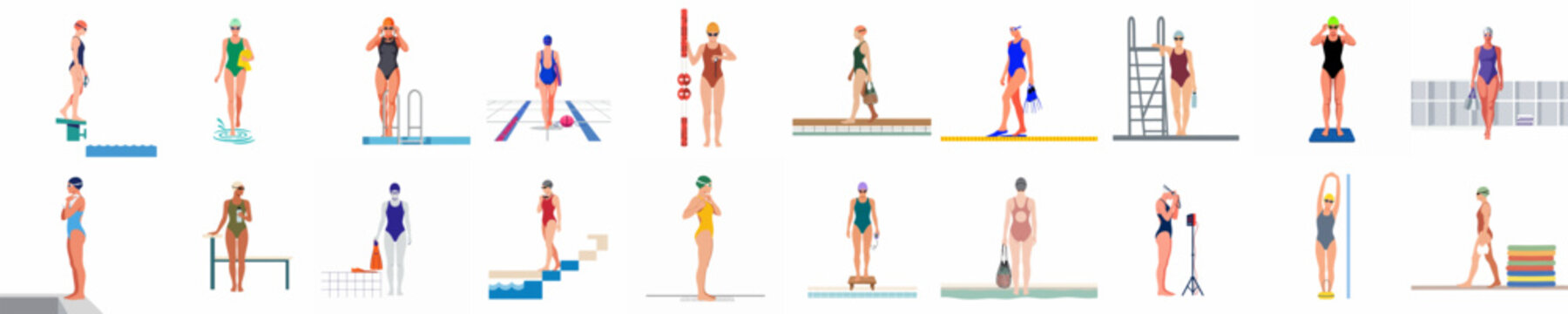 Flat Vector Illustration Set of Diverse Women in Swimsuits and Bikinis at the Swimming Pool, Featuring Various Poses, Diving Boards, Lifeguard Chairs, and Summer Poolside Accessories.