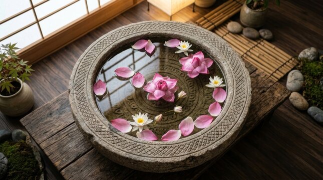 Decorative stone bowl with lotus flowers and petals floating in water.