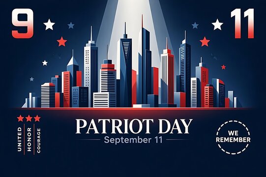 Flat Vector Patriot Day 9/11 New York City Skyline Illustration with Spotlight