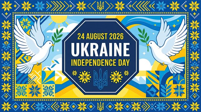 Ukraine Independence Day 24 August 2026 white doves banner