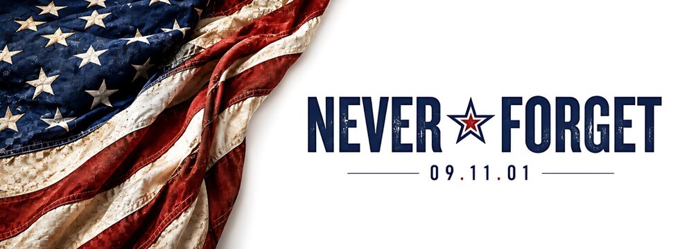 Vintage Never Forget 9/11 Panoramic Banner with Grungy  US Flag
