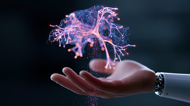 Robot hand holding a glowing holographic human brain with neural networks and digital data connection