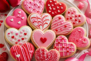 Obraz premium Heart shaped decorated cookies arranged on plate for celebration