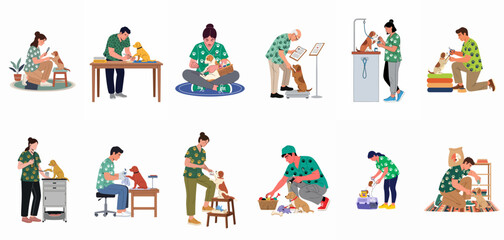 Fototapeta premium Vector Illustration Set of Veterinarians and Groomers Providing Professional Care for Dogs including Medical Exams, Grooming, Training, and Feeding in a Modern Veterinary Clinic or Pet Shop