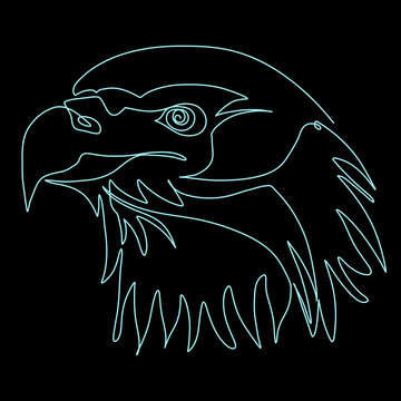 The head of an imperious eagle, drawn with a single neon line against a black background