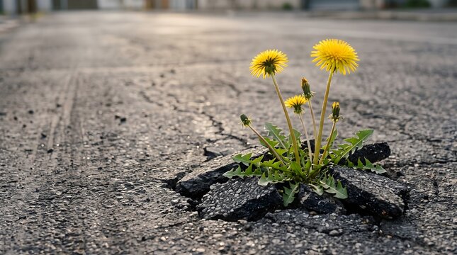 Business resilience metaphor featuring a resilient dandelion breaking through cracked pavement in warm sunlight