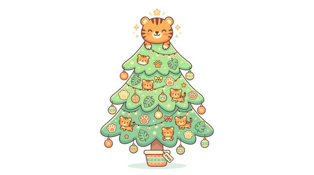 Kawaii tiger themed Christmas tree illustration with festive ornaments and star