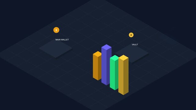 A dynamic three dimensional representation of professional financial growth analytics featuring rising colored bar charts set against a dark isometric digital background
