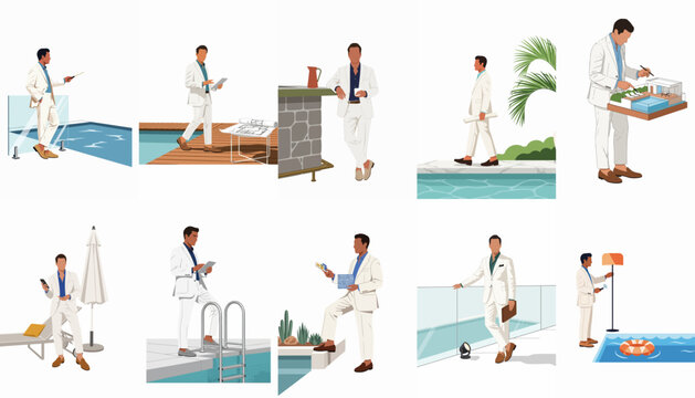 Stylish Man in White Suit Luxury Lifestyle Vector Illustration Set, Summer Vacation Scenes by Swimming Pool, Terrace, and Balcony