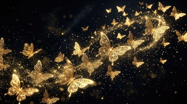 Sparkling golden butterflies flying in a magical night sky with glitter
