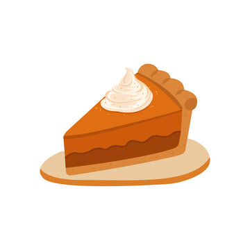 Slice of pumpkin pie with whipped cream on top.Thanksgiving celebrations. Vector illustration
