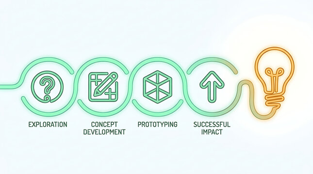 Neon style business innovation workflow diagram showing exploration concept prototyping and impact stages with glowing icons with development