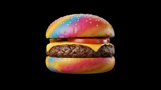 A colorful 3D render of a gourmet cheeseburger featuring a vibrant rainbow-dyed sesame bun, thick beef patty, melted cheese, lettuce, and tomato, isolated on a solid black background. Ideal for modern