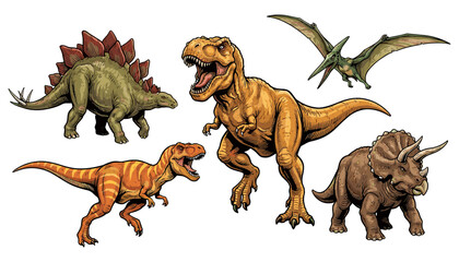 Dinosaurs Illustrated in a Dynamic Group Showing Various Species Including T-Rex, Triceratops, and Pterodactyl in a Stylized Vecto © Md Rezaul