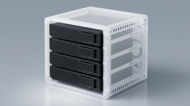 Desktop server rack cluster with four mini PCs in acrylic case
