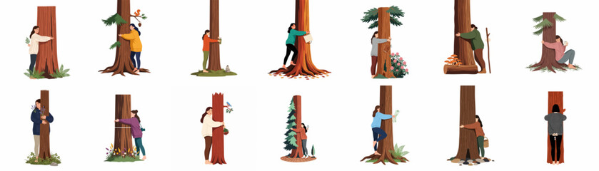 A collection of vector illustrations showing diverse people hugging giant tree trunks, promoting forest conservation, environmental activism, and a deep connection with nature and the earth.