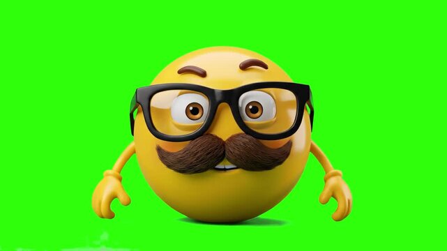A detailed 3D model of a yellow emoji character wearing thick black nerd glasses and a bushy brown mustache, isolated against a bright chroma key green screen backdrop. Perfect for comedy skits, educa