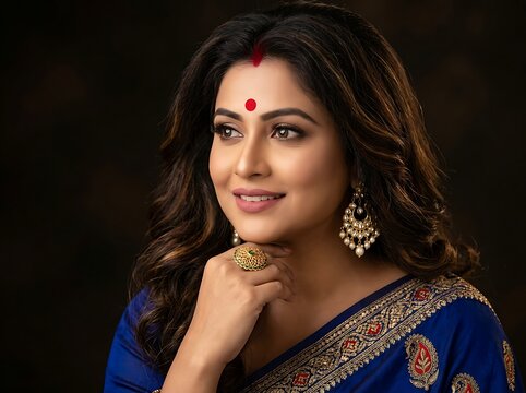Portrait of a beautiful indian woman wearing a traditional blue silk saree
