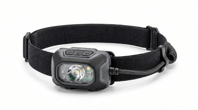 Headlamp LED flashlight for camping activities isolated on white background with adjustable black elastic headband for hands free illumination usage
