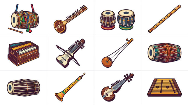 Indian Traditional Musical Instruments Collection Vector Icons