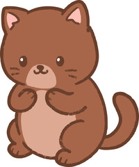 Fototapeta premium Cute brown chubby cat sitting upright, cartoon illustration