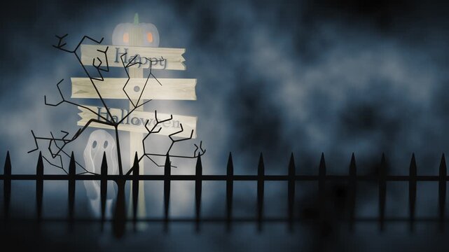 Ghost floats around trick or treat rickey old broken wooden signpost in foggy Halloween scene