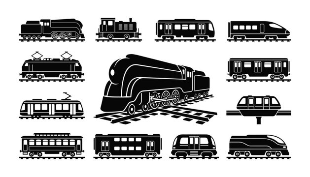 Black Vector Train Icons Collection Set Featuring Steam Locomotive Tram Subway And Railway Express