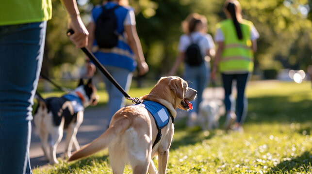 rear view of volunteers walking dogs together in a bright park, backs to camera, community service and animal welfare concept, diversity, care, charity, support, bright, with copy