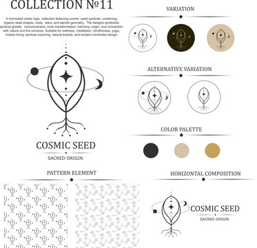 Vector logo collection featuring cosmic seed symbols. They symbolize spiritual growth, consciousness, inner transformation, harmony, origin, and connection with nature and the universe.