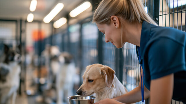 rear view of an animal shelter volunteer feeding the dogs in a bright kennel area, back to camera, care and rescue concept, adoption, companionship, community, bright, with copy