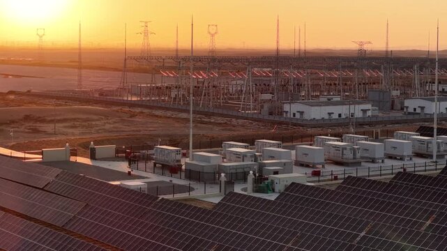 Aerial View of Utility-Scale Solar Farm with Battery Energy Storage System in Arid Desert