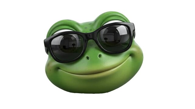 A friendly 3D animated green frog character wearing sleek black sunglasses and a happy grin, isolated on a clean white background. Excellent for children's educational stories, summer promotional ads,