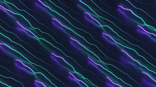 Seamless loop of abstract geometric flow. Digital futuristic system made of diagonal wavy light impulses and glowing signal tracks moving across textured metal grid, creating science background.