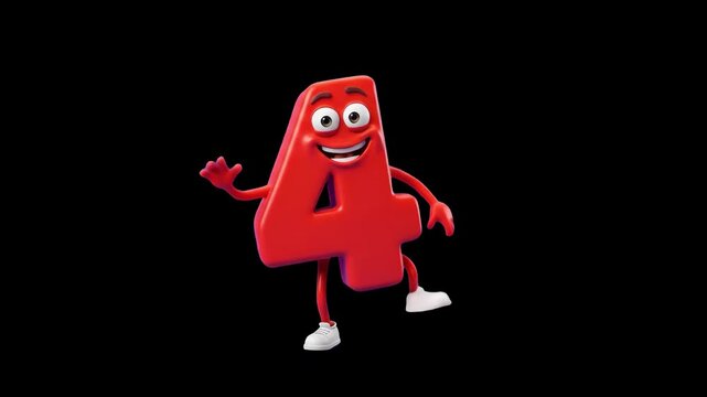 A playful 3D animated red number 4 character featuring friendly facial expressions, arms, and legs, dancing on a solid black studio backdrop. Great for educational counting tutorials, elementary schoo