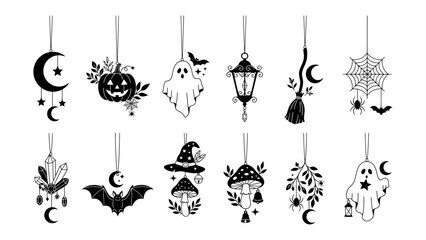 Obraz premium Halloween Holiday Ornaments: A collection of charming black and white Halloween-themed ornaments including a ghost, bat, pumpkin, moon, spiderweb, lantern, and mushroom.