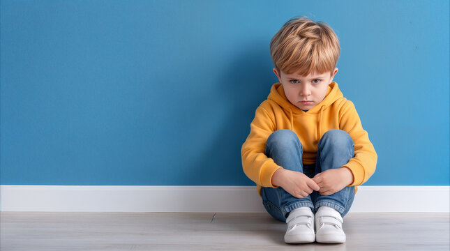 Unhappy boy sitting on floor against blue wall. Grumpy child expressing sadness or frustration in minimalist interior. Emotional state of a lonely preteen.