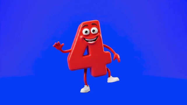 A vibrant 3D red number four cartoon character with eyes and limbs happily waving its hand against a blue sky backdrop. Designed for educational videos, children's math lessons, and birthday milestone