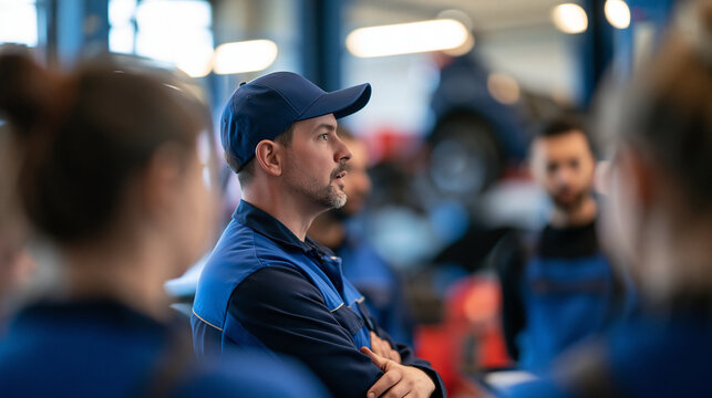 rear view of bored trainees listening to a mechanic in a bright garage workshop, backs to camera, humorous training concept, automotive education, apprenticeship, technical