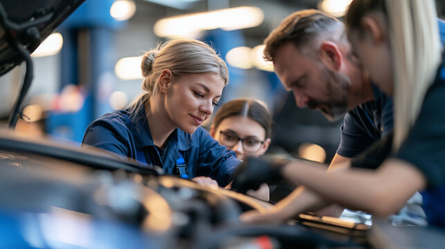 rear view of an instructor with trainees working on a car engine in a bright workshop, backs to camera, automotive training concept, apprenticeship, teamwork, technical education,
