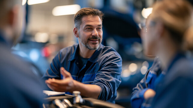 rear view of a male supervisor engineer giving a specialist lecture to mechanic worker staff teams in a bright car service garage, backs to camera, automotive repair and