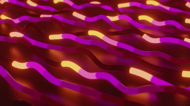 Seamless 4k loop of abstract geometric wave flow. Digital futuristic system made of volumetric wavy light conduits and glowing impulses over textured metal grid, creating high technology background.