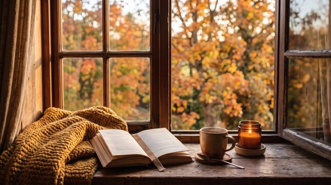 Cozy autumn scene with knitted blanket candle tea and book