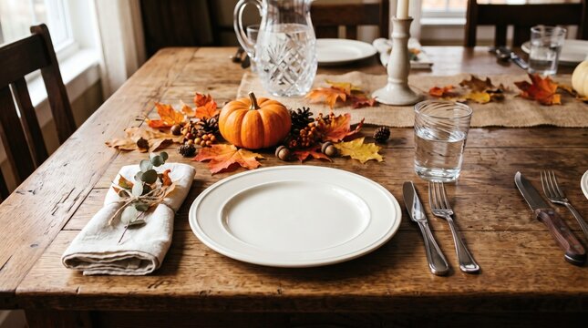 Thanksgiving table setting with autumn leaves and small pumpkin