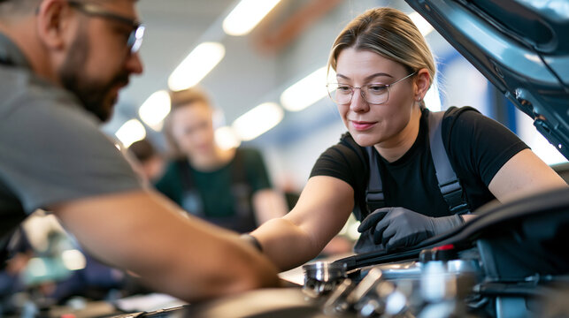 rear view of an experienced female mechanic teaching trainees to rebuild a car engine in a bright workshop, backs to camera, automotive education concept, apprenticeship,