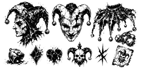 Obraz premium Grunge jester masks and collar with bells playing card, skull and broken heart elements in dark gothic